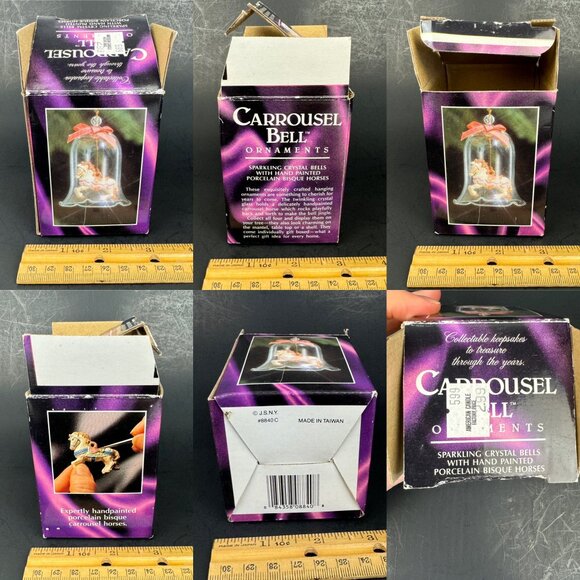 Vtg 2 Carrousel Bell Ornaments Bell Decorative Clear Glass 1 w Orig Box READ - Picture 11 of 11